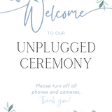 Blue floral unplugged wedding ceremony sign - an elegant wedding unplugged ceremony sign, adorned with charming blue florals, to perfectly accompany a blue themed wedding.
