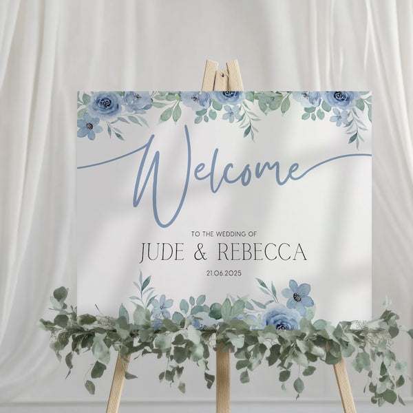 Blue Floral Wedding Welcome Sign Custom Names and Date - Blue Flowers Wedding Signs UK Personalised
