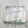 Blue Floral Wedding Welcome Sign Custom Names and Date - Blue Flowers Wedding Signs UK Personalised
