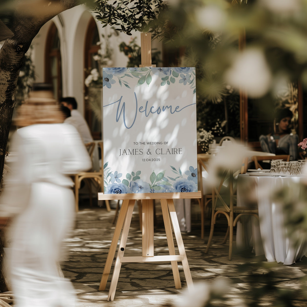 blue floral wedding welcome sign - a charming wedding welcome sign, featuring dusty blue florals for an elegant, eye-catching entrance
