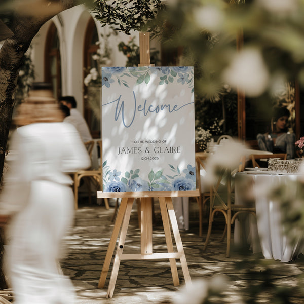 blue floral wedding welcome sign - a charming wedding welcome sign, featuring dusty blue florals for an elegant, eye-catching entrance