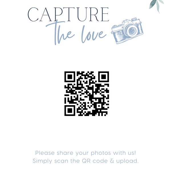 blue floral photo sharing qr code sign for wedding tables - luxury wedding table signage for guests to share photos