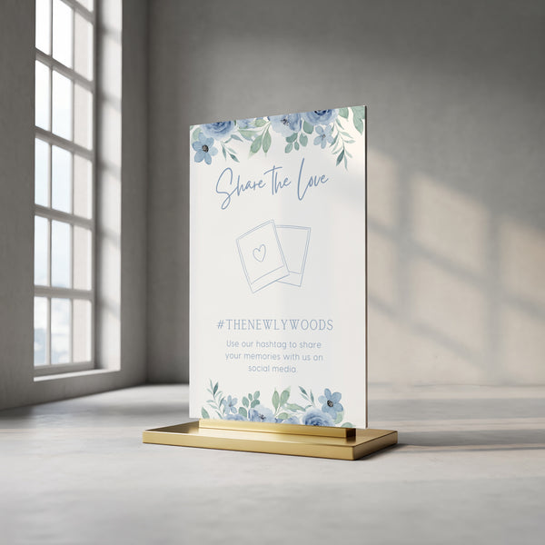 dusty blue floral Wedding Hashtag Sign for Reception Display - Personalised wedding hashtag social media sign