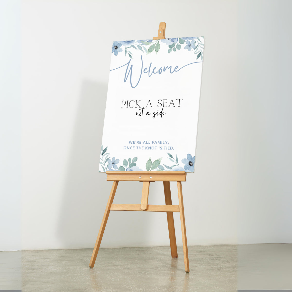 blue floral pick a seat not a side wedding ceremony sign - a personalised "pick  seat, not a side" wedding welcome sign, with a crisp white background and elegant dusty blue text, adorned with soft blue floral blooms