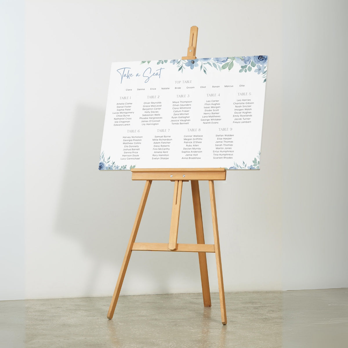 Blue floral wedding seating plan sign - personalised seating chart sign for wedding