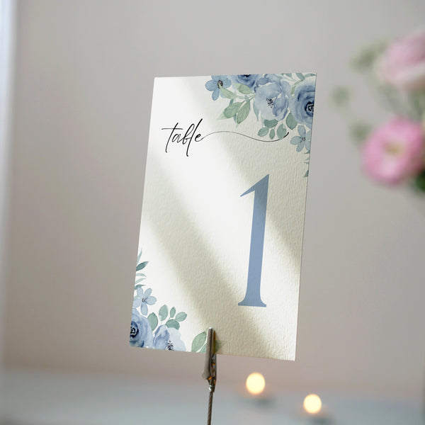 blue floral table number for wedding tables - luxury wedding table numbers personalised