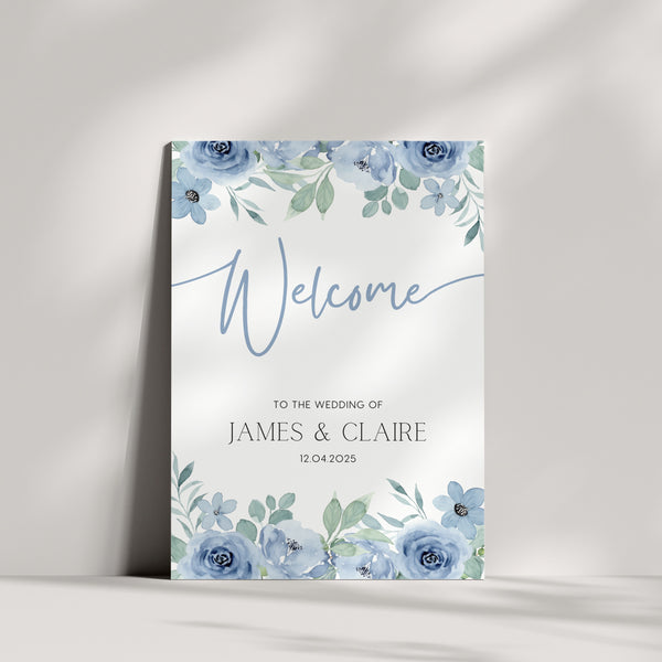 blue floral wedding welcome sign - a charming wedding welcome sign, featuring dusty blue florals for an elegant, eye-catching entrance