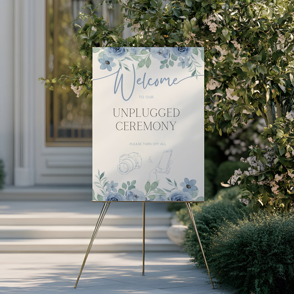 Blue floral unplugged wedding ceremony sign - an elegant wedding unplugged ceremony sign, adorned with charming blue florals, to perfectly accompany a blue themed wedding.