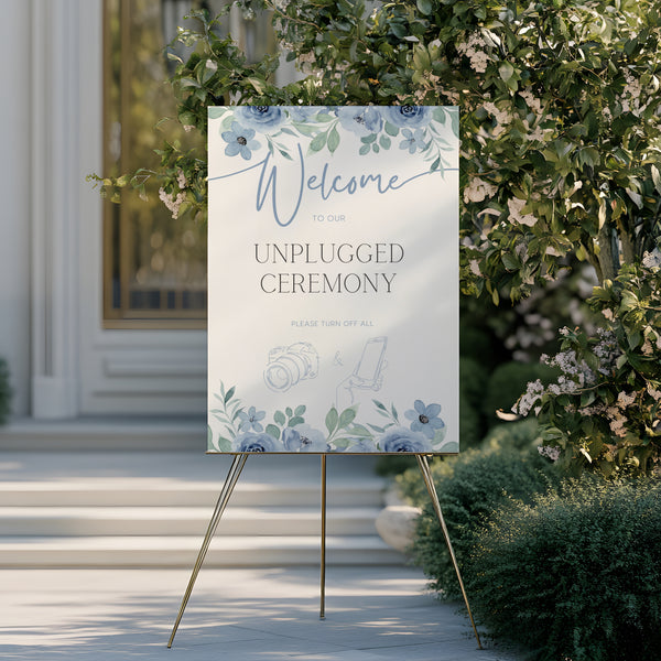 Blue floral unplugged wedding ceremony sign - an elegant wedding unplugged ceremony sign, adorned with charming blue florals, to perfectly accompany a blue themed wedding.
