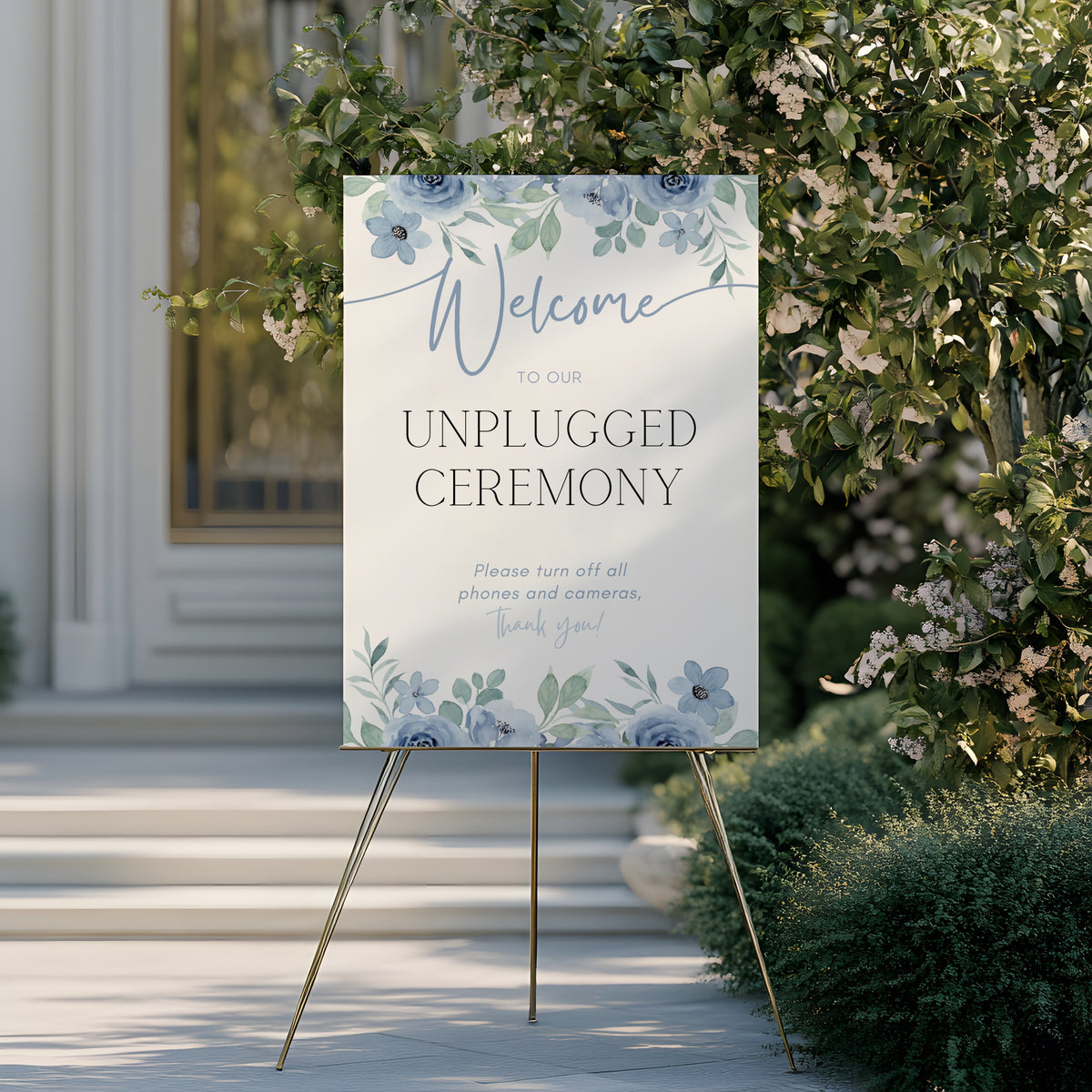 Blue floral unplugged wedding ceremony sign - an elegant wedding unplugged ceremony sign, adorned with charming blue florals, to perfectly accompany a blue themed wedding.