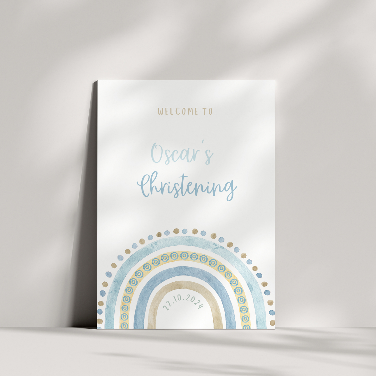 Personalised Christening Welcome Sign – A beautifully designed welcome sign featuring the baby’s name and event details, displayed on an easel at a christening venue.