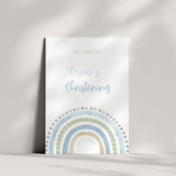 Personalised Christening Welcome Sign – A beautifully designed welcome sign featuring the baby’s name and event details, displayed on an easel at a christening venue.