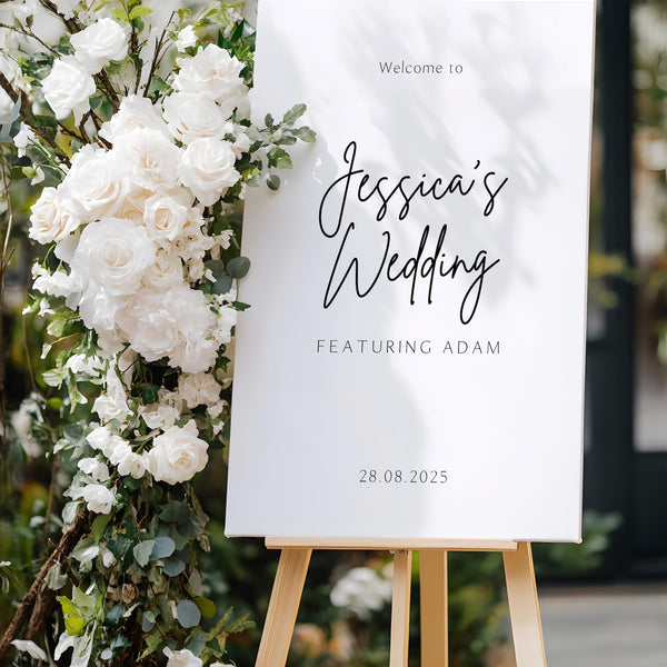 Bride's wedding featuring groom wedding welcome sign personalised - sophisticated black text "a forever kinda thing" with custom name and date, on a simple white background, giving that timeless, chic wedding aesthetic.