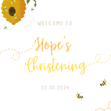 Personalised Christening Welcome Sign – A beautifully designed welcome sign featuring the baby’s name and event details, displayed on an easel at a christening venue.