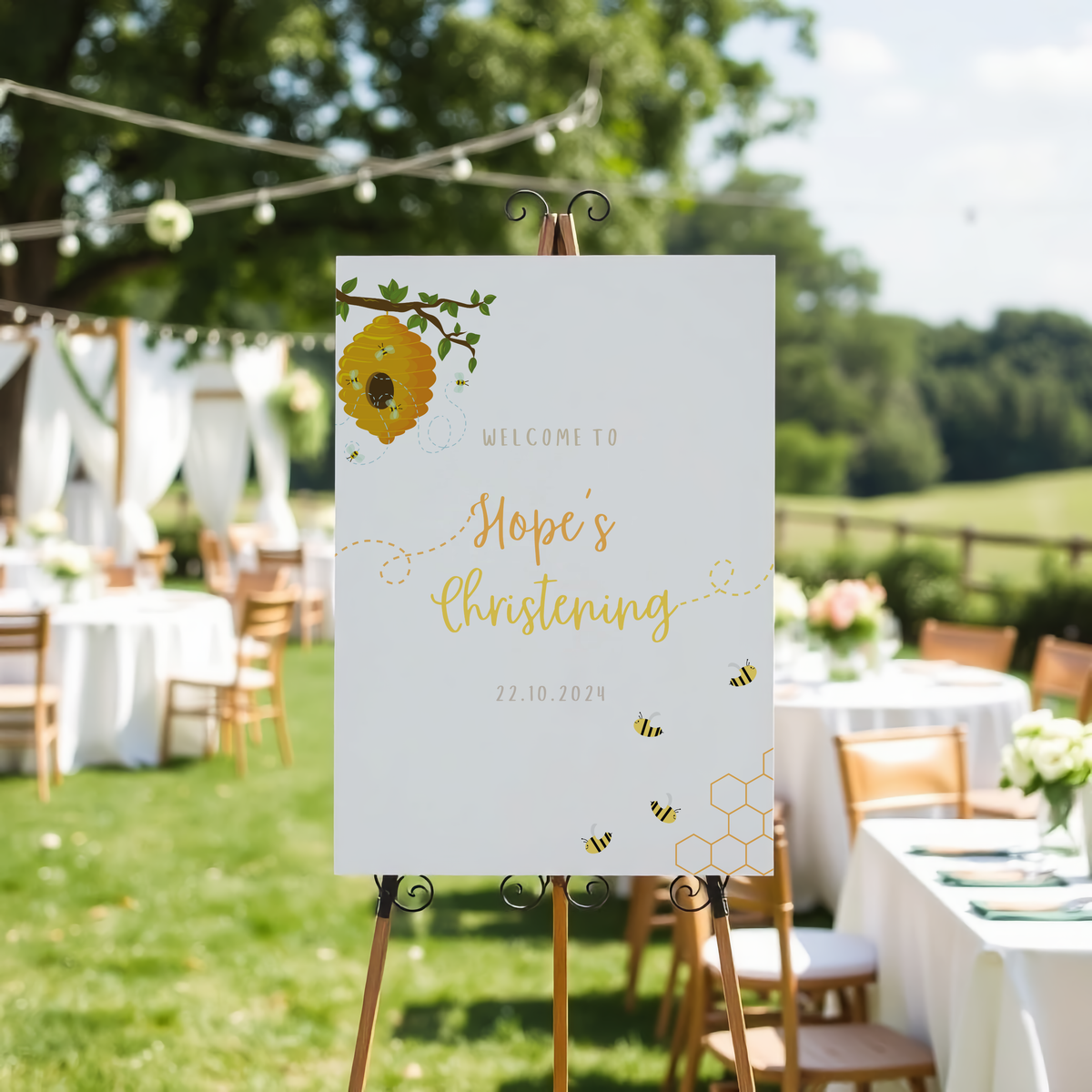 Personalised Christening Welcome Sign – A beautifully designed welcome sign featuring the baby’s name and event details, displayed on an easel at a christening venue.