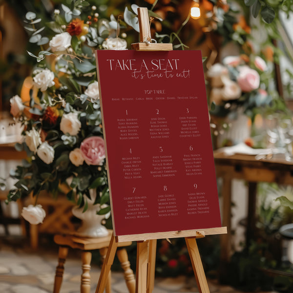 Custom Wedding Seating plan sign in burgundy colour | winter wedding take a seat sign | personalised wedding signage