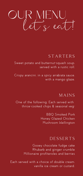 burgundy wedding menu - custom wedding menu for winter wedding - personalised wedding menu UK