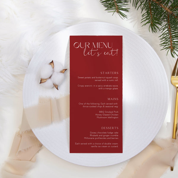 burgundy wedding menu - custom wedding menu for winter wedding - personalised wedding menu UK