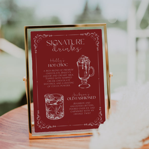 burgundy signature drinks sign for wedding - wedding signature cocktails sign - winter wedding signage