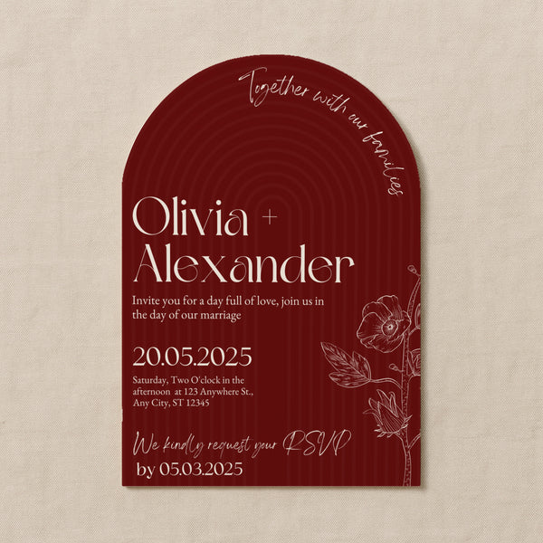luxury arch shaped wedding invitations in romantic burgundy - fully personalised elegant wedding invitations premium