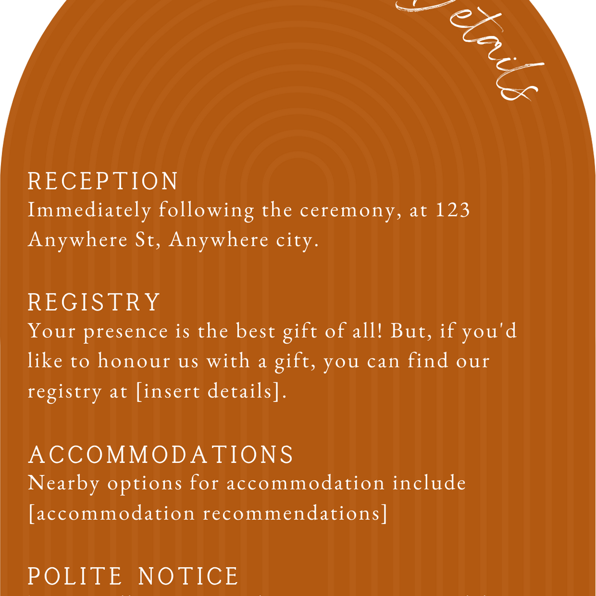 luxury arch shaped wedding invitations in burnt orange - fully personalised elegant wedding invitations premium