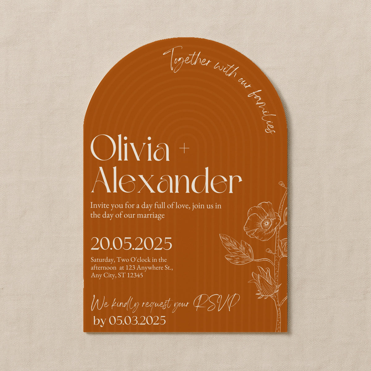 luxury arch shaped wedding invitations in burnt orange - fully personalised elegant wedding invitations premium