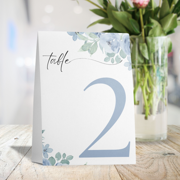blue floral table tent number for wedding tables - luxury wedding table numbers personalised