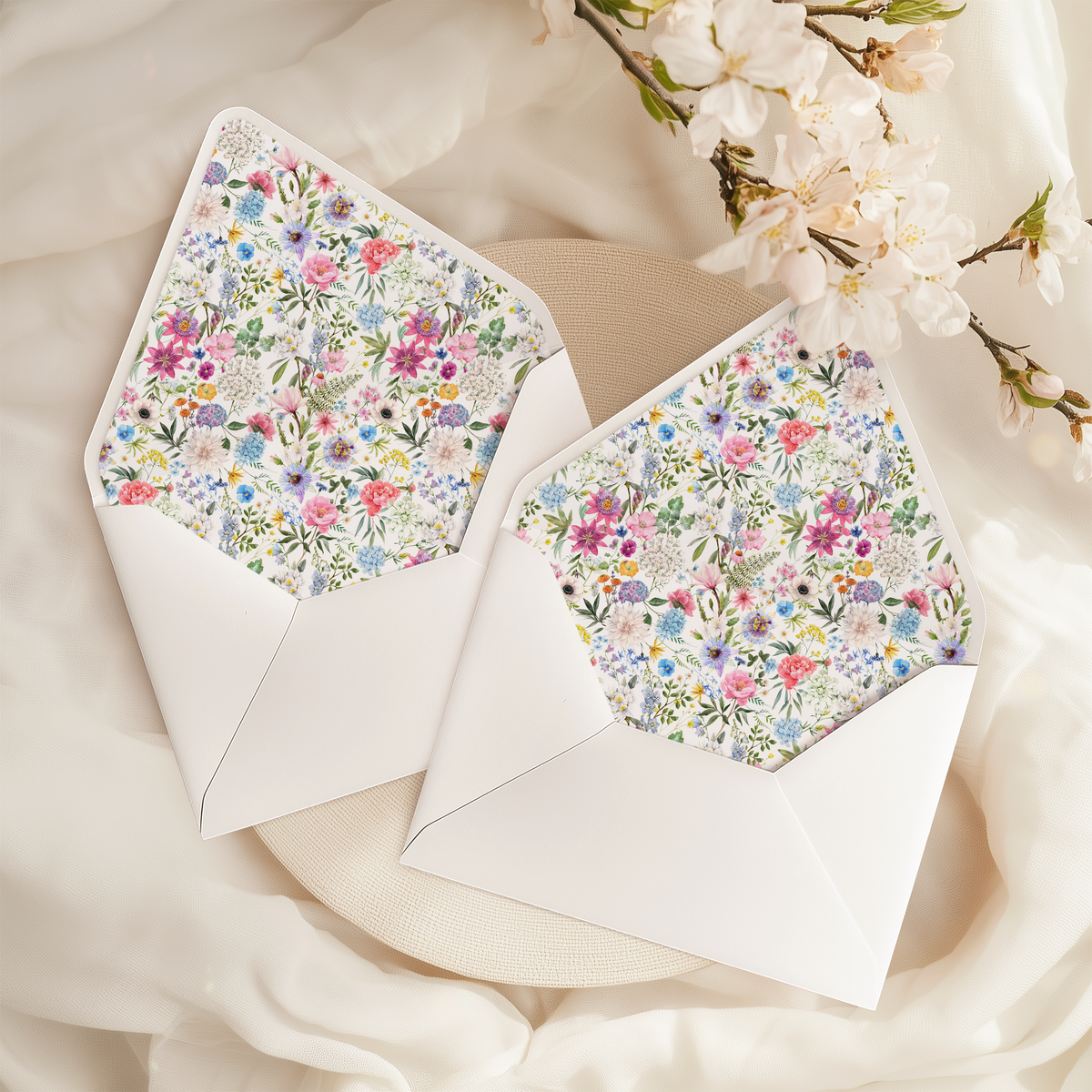 A flat lay of elegant wedding invitation envelopes, partially open to reveal beautifully designed envelope liners in various styles, including floral, modern, and classic patterns. The envelope inserts add a touch of luxury and sophistication to the stationery set.