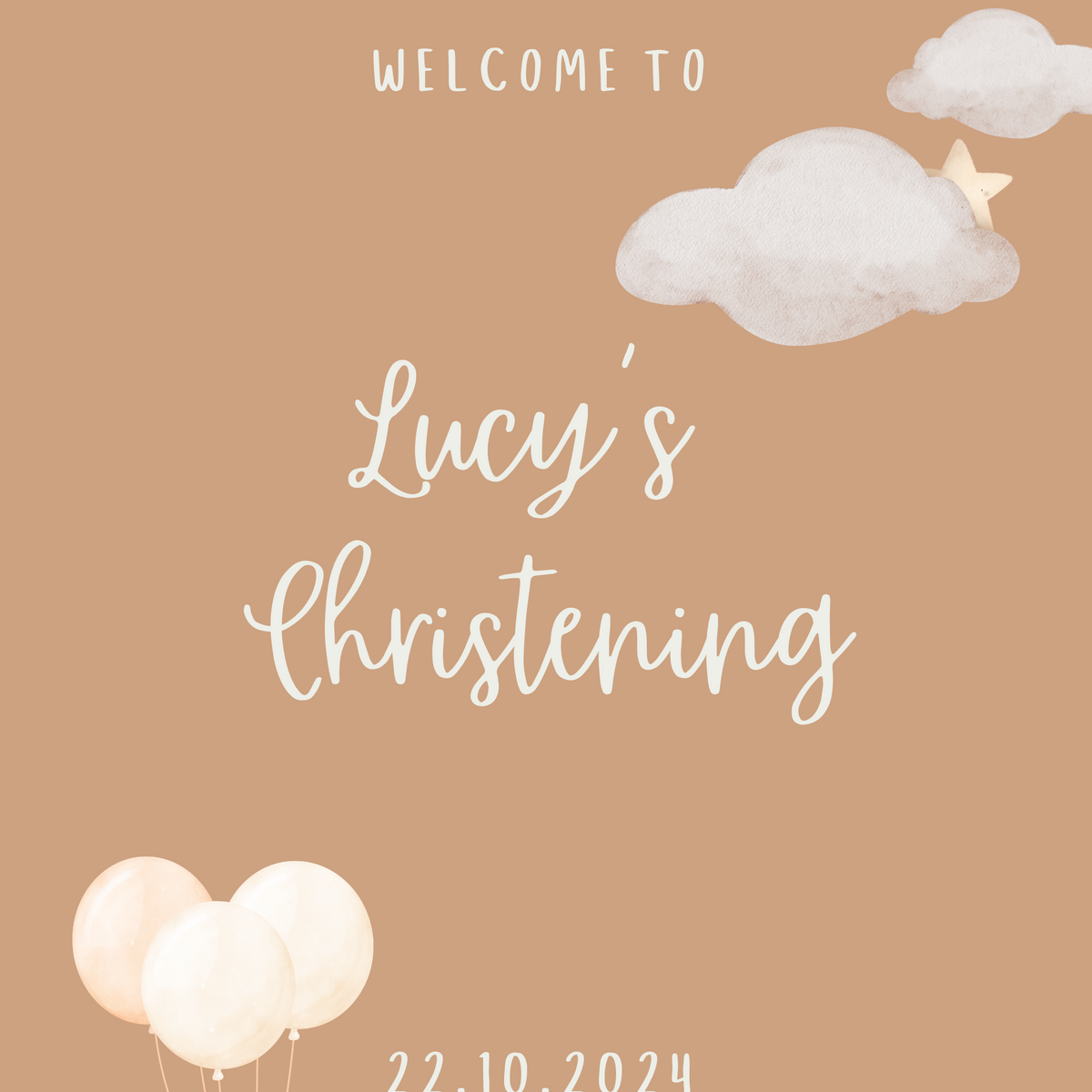 Personalised Christening Welcome Sign – A beautifully designed welcome sign featuring the baby’s name and event details, displayed on an easel at a christening venue.