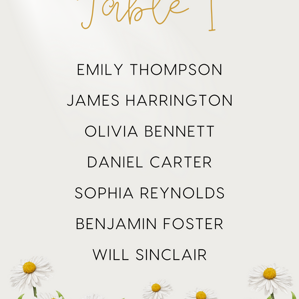 Custom Wedding Seating Plan Cards A5 or A6 – Elegant A5 or A6 wedding seating plan cards printed on 350gsm cardstock, featuring table numbers and guest names.