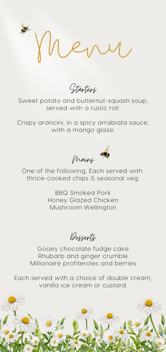 daisy floral wedding menu personalised - custom wedding menu printed