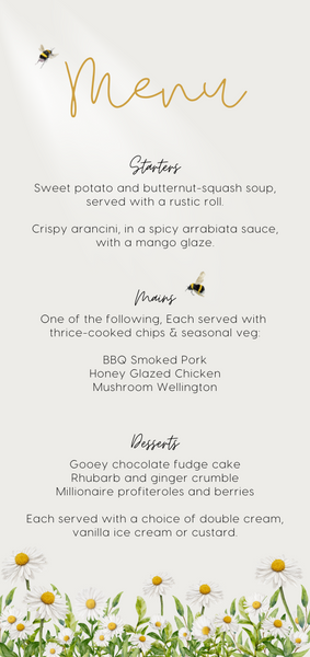 daisy floral wedding menu personalised - custom wedding menu printed