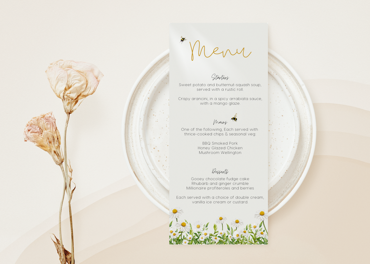 daisy floral wedding menu personalised - custom wedding menu printed