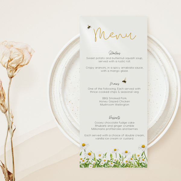 daisy floral wedding menu personalised - custom wedding menu printed