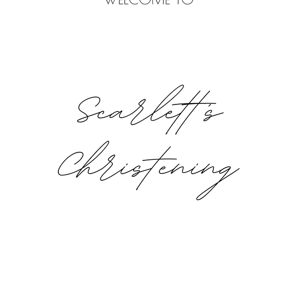 Personalised Christening Welcome Sign – A beautifully designed welcome sign featuring the baby’s name and event details, displayed on an easel at a christening venue.