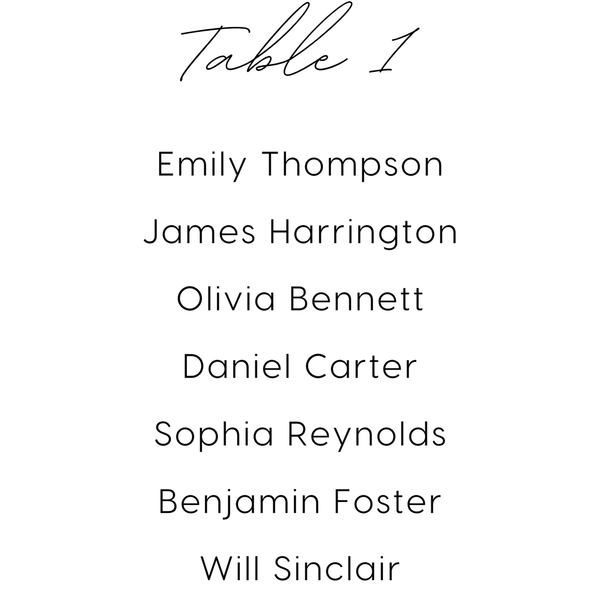 Custom Wedding Seating Plan Cards A5 or A6 – Elegant A5 or A6 wedding seating plan cards printed on 350gsm cardstock, featuring table numbers and guest names.