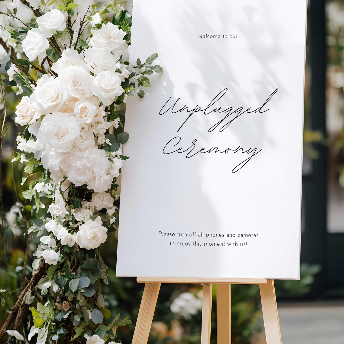 Dreamy Unplugged Ceremony Wedding Sign - Welcome Sign for Unplugged Wedding with an elegant aesthetic - simple white with delicate black text