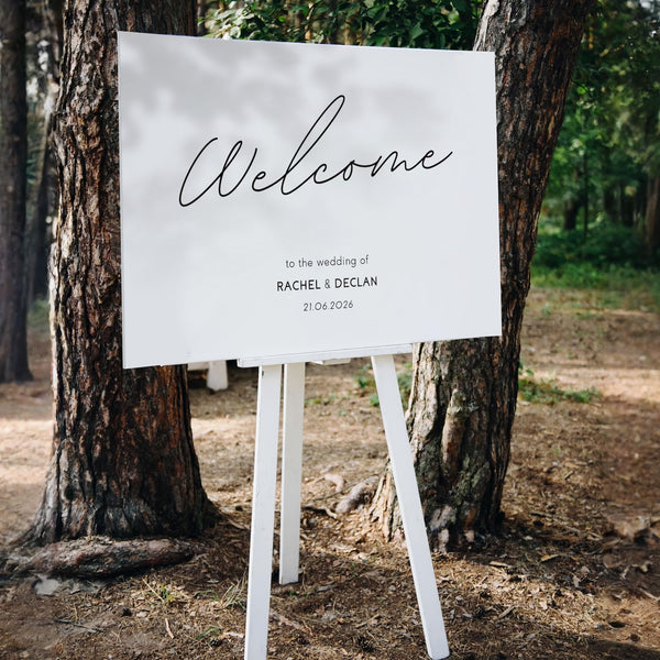 dreamy white simple welcome sign for wedding - personalised plain wedding welcome board - elegant and understated