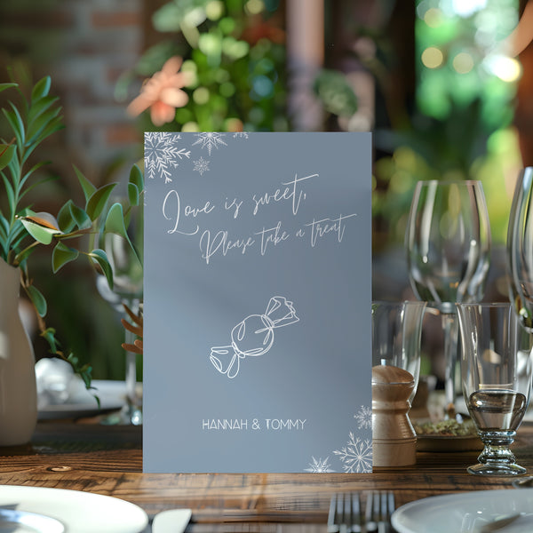 snowflakes dusty blue love is sweet sign - wedding sweet table sign - love is sweet please take a treat sign for wedding