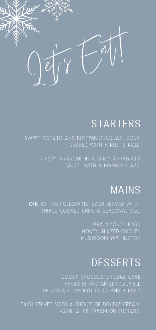 dusty blue snowflakes wedding menu - custom wedding menu for winter wedding - personalised wedding menu UK
