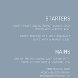 dusty blue snowflakes wedding menu - custom wedding menu for winter wedding - personalised wedding menu UK