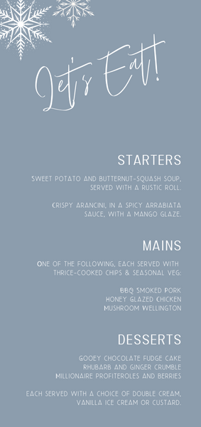 dusty blue snowflakes wedding menu - custom wedding menu for winter wedding - personalised wedding menu UK