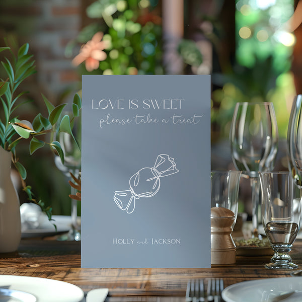 dusty blue love is sweet sign - wedding sweet table sign - love is sweet please take a treat sign for wedding