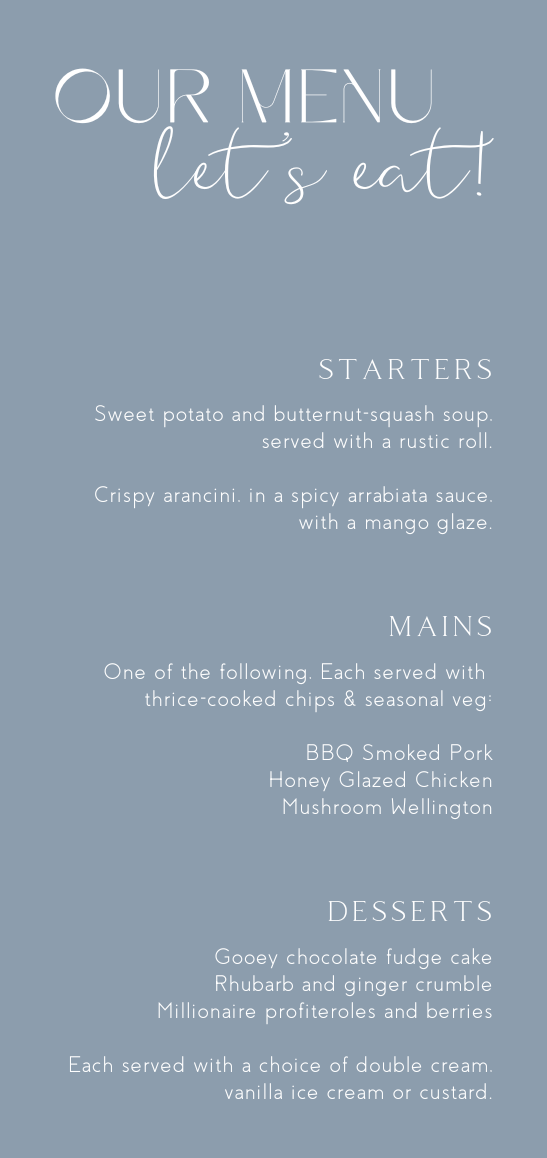 dusty blue wedding menu - custom wedding menu for winter wedding - personalised wedding menu UK