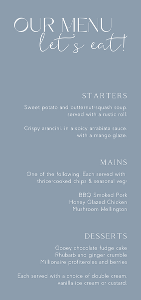 dusty blue wedding menu - custom wedding menu for winter wedding - personalised wedding menu UK