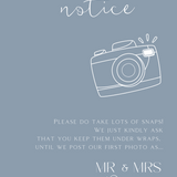 dusty blue polite notice wedding sign | custom winter wedding signage | personalised wedding boards