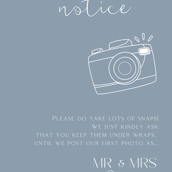 dusty blue polite notice wedding sign | custom winter wedding signage | personalised wedding boards