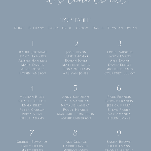 Custom Wedding Seating plan sign in dusty blue colour | winter wedding take a seat sign | personalised wedding signage