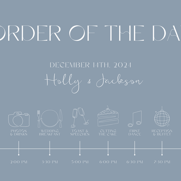 dusty blue order of the day wedding sign | custom order of the day | custom order of events winter wedding