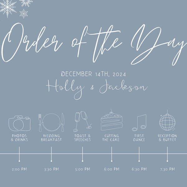 Dusty Blue Winter wedding order of the day sign | custom order of events for winter wedding in dusty blue